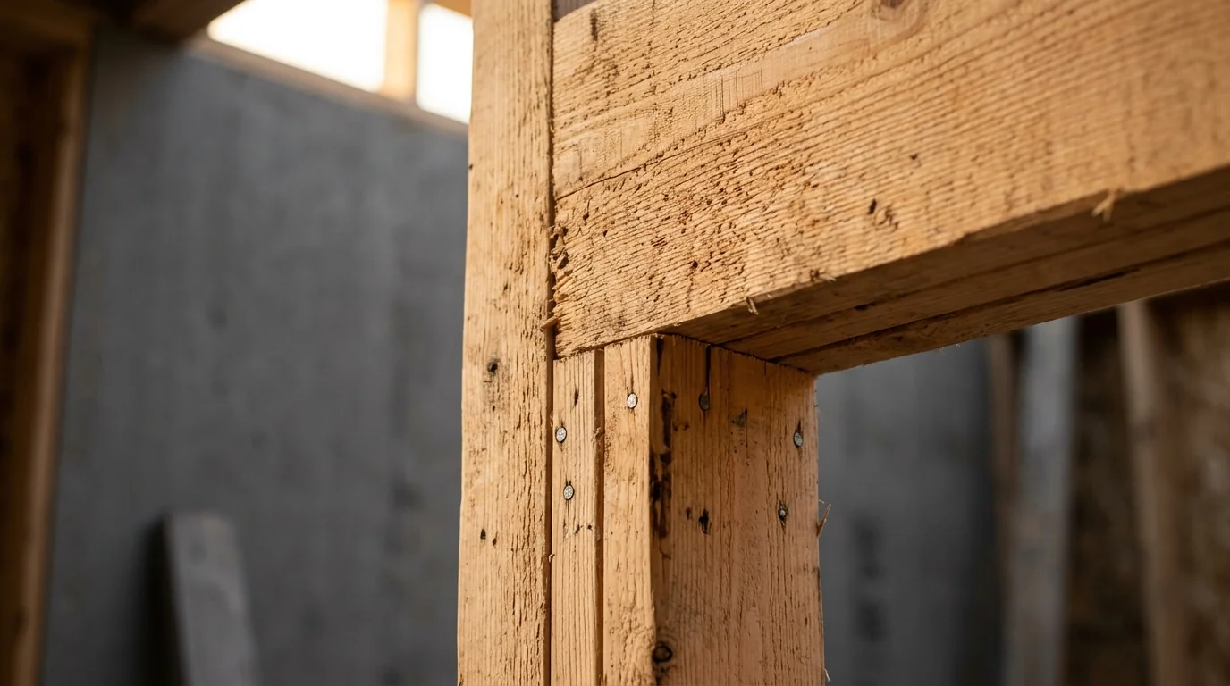 Détail de l'appui d'un linteau sur montants de rive doublés en ossature bois