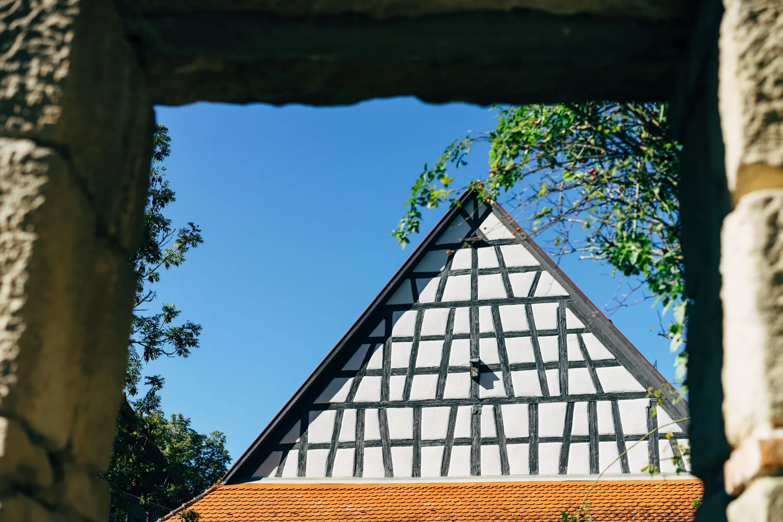 Pignon d'une maison à ossature bois en cours de montage avec montants de longueurs croissantes sous le rampant