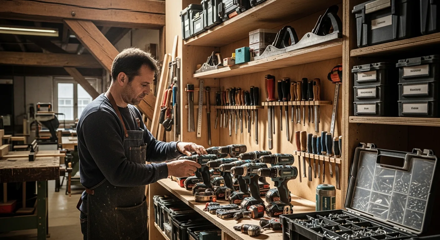 Rangement organisé des outils et coffrets de charpentier