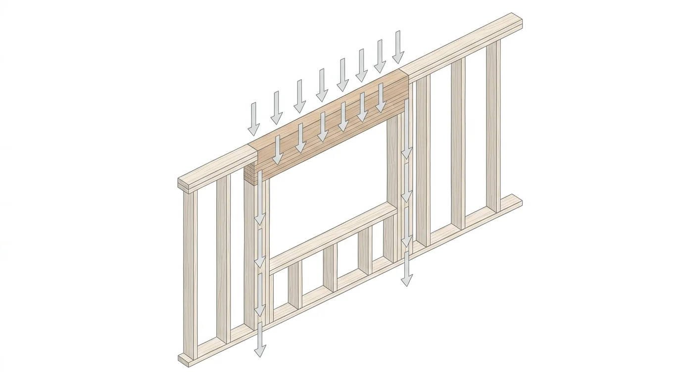 Schéma d'un linteau en ossature bois au-dessus d'une fenêtre avec montants de rive